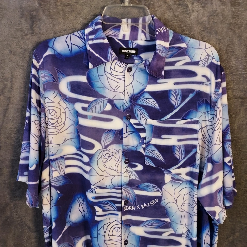 Born X Raised Shirt Men's Large Blue White Rayon‎ Camp Shirt